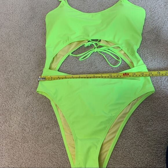 Relleciga high waisted 1 piece swimsuit cut out swimwear neon yellow sz XL NWOT - Picture 12 of 15